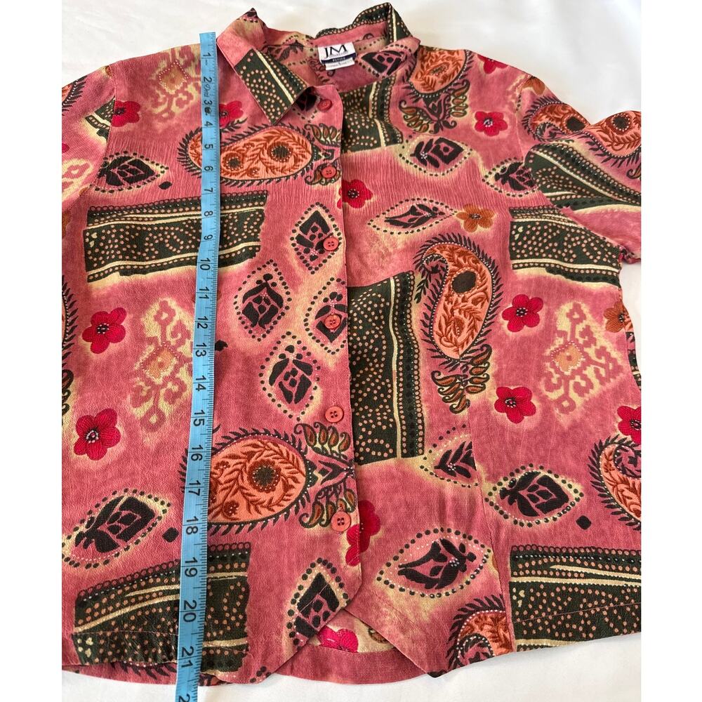 Vintage 90s Patchwork Rayon Camp Collar Blouse Boho Grandmacore Petite S - Picture 4 of 8